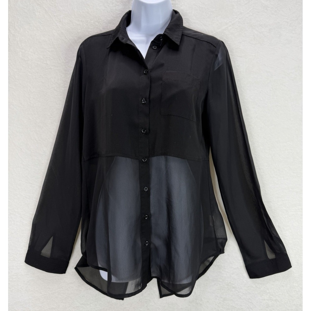 Free People Best Of Both Worlds Black Button Up Sheer Bottom Shirt Size XS